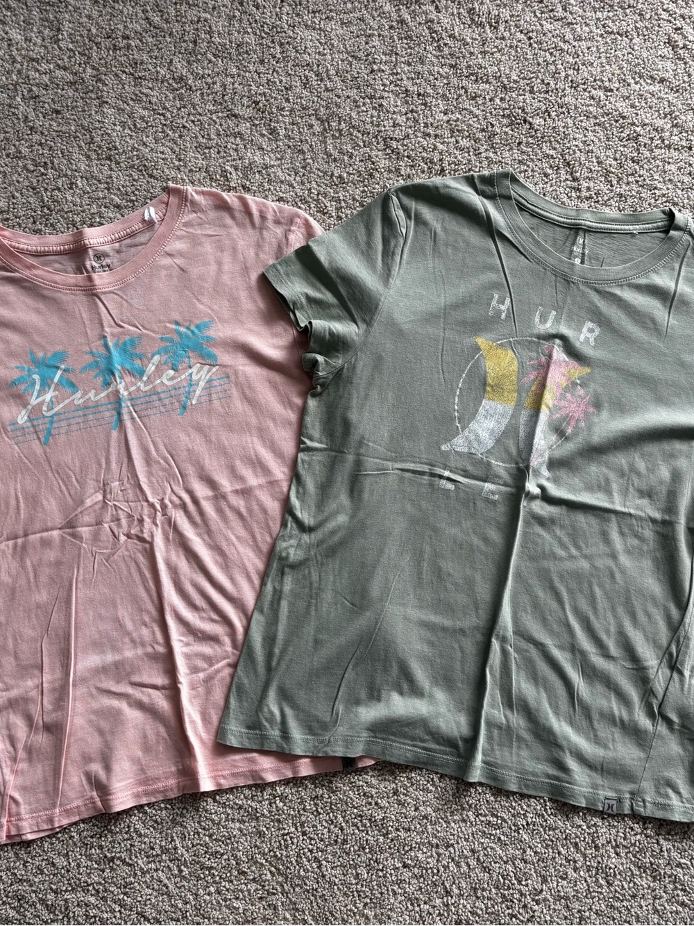 Hurley Pink and Olive Graphic Tees - Short Sleeve